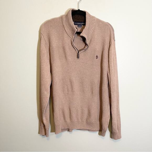 U.S. Polo Assn. Men's Tan 1/4 Zip Stand-Up Collar Long Sleeve Ribbed Sweater XXL - Picture 2 of 16